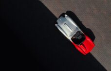 Ferrari Testa Rossa J paint gradient in courtyard from above